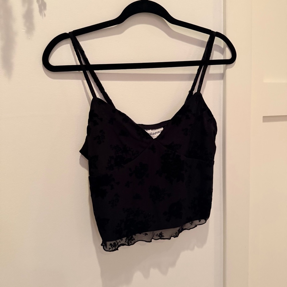 No Boundaries Y2K Black Lace Mesh Lettuce Trim Floral Velvet Women's Cami Size M - Picture 2 of 9